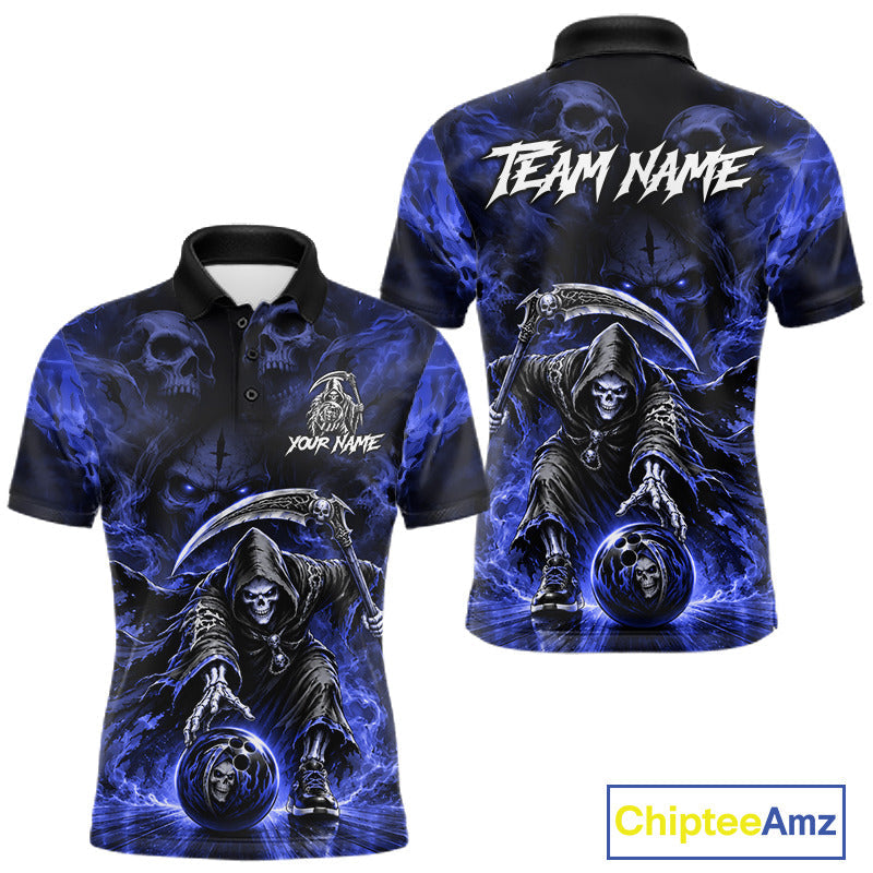 Black And Blue Flame Grim Reaper Custom Skull Bowling Shirt Team Outfit For Bowlers