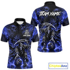Black And Blue Flame Grim Reaper Custom Skull Bowling Shirt Team Outfit For Bowlers