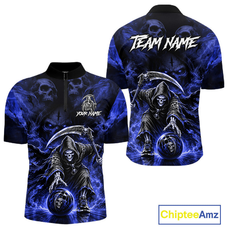 Black And Blue Flame Grim Reaper Custom Skull Bowling Shirt Team Outfit For Bowlers