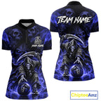 Black And Blue Flame Grim Reaper Custom Skull Bowling Shirt Team Outfit For Bowlers
