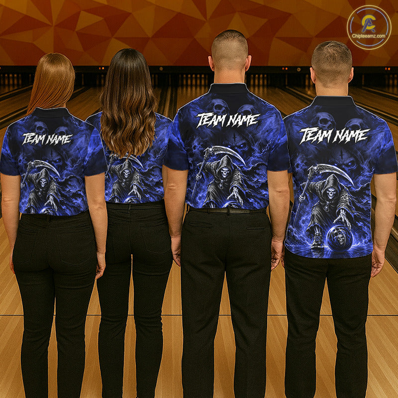 Black And Blue Flame Grim Reaper Custom Skull Bowling Shirt Team Outfit For Bowlers