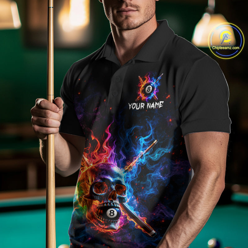 Custom Colorful Fire Flame Skull Billiard Shirt Personalized Flaming 8-Ball Pool Team Jersey