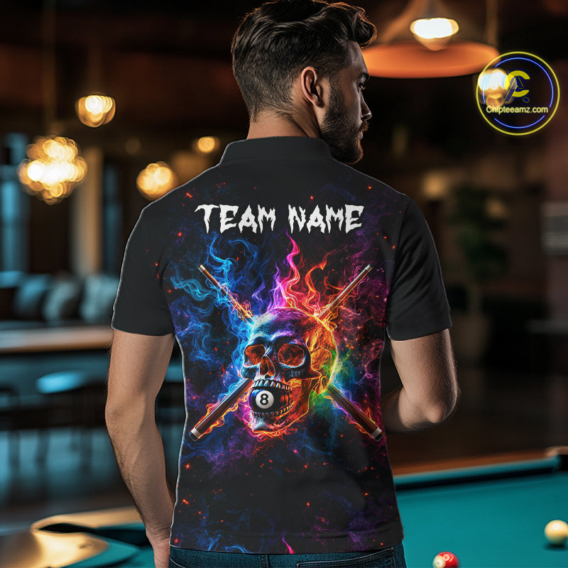 Custom Colorful Fire Flame Skull Billiard Shirt Personalized Flaming 8-Ball Pool Team Jersey