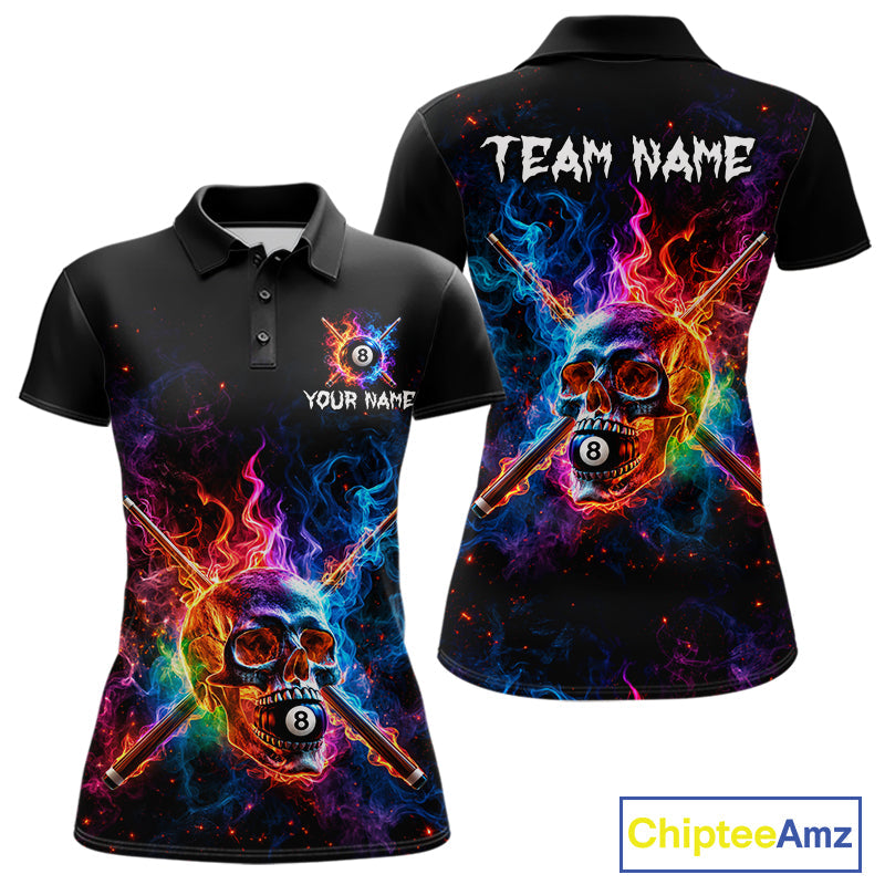 Custom Colorful Fire Flame Skull Billiard Shirt Personalized Flaming 8-Ball Pool Team Jersey