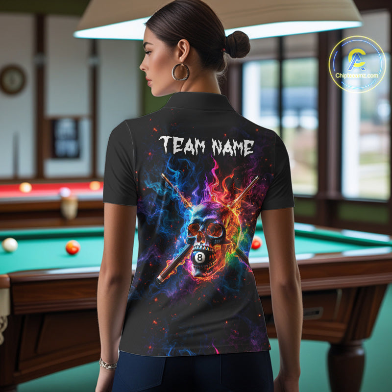 Custom Colorful Fire Flame Skull Billiard Shirt Personalized Flaming 8-Ball Pool Team Jersey