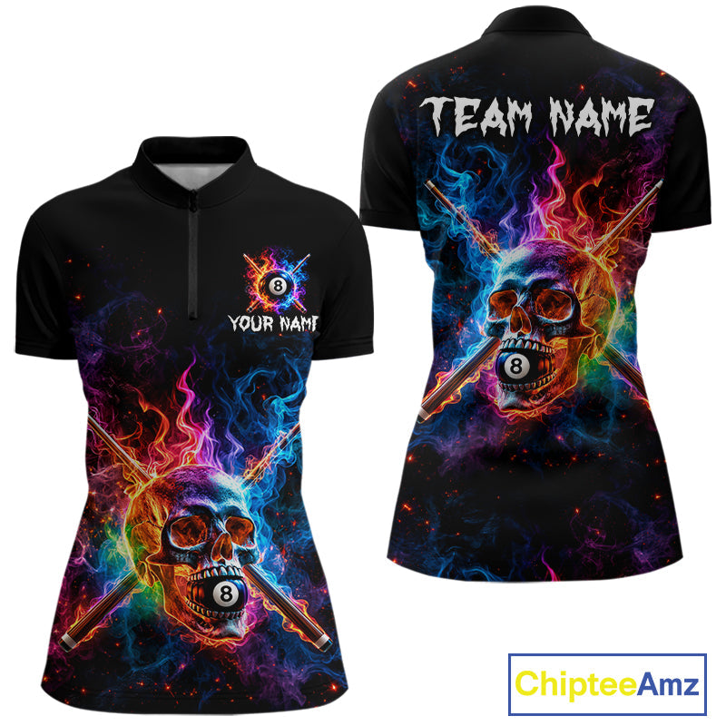 Custom Colorful Fire Flame Skull Billiard Shirt Personalized Flaming 8-Ball Pool Team Jersey
