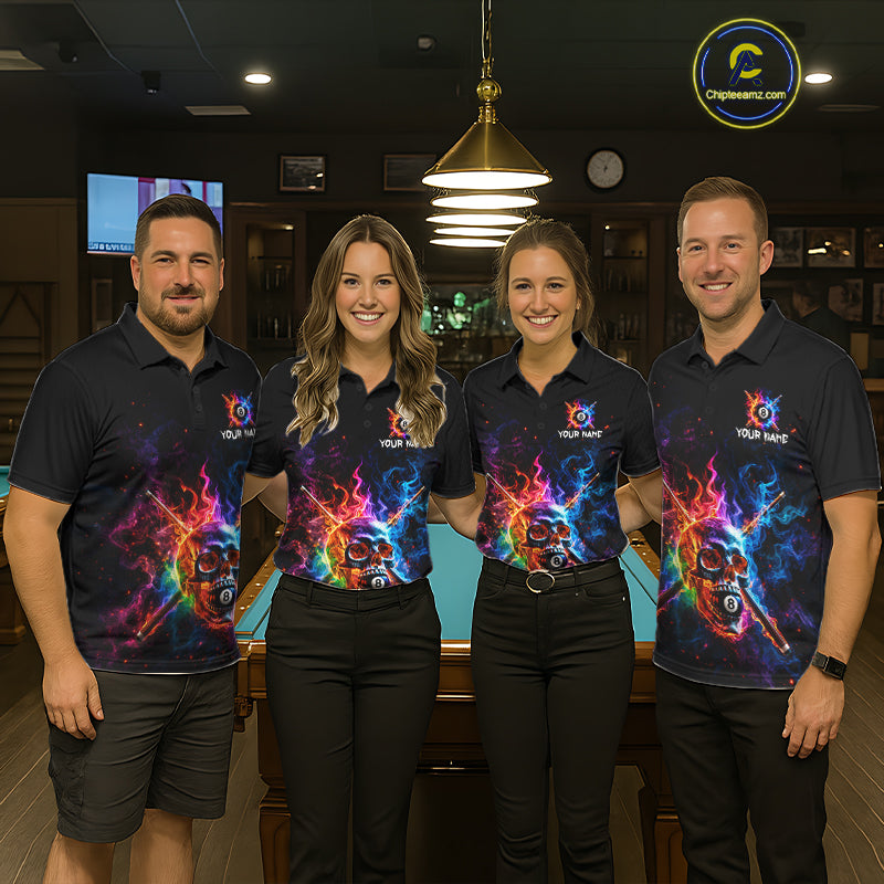 Custom Colorful Fire Flame Skull Billiard Shirt Personalized Flaming 8-Ball Pool Team Jersey