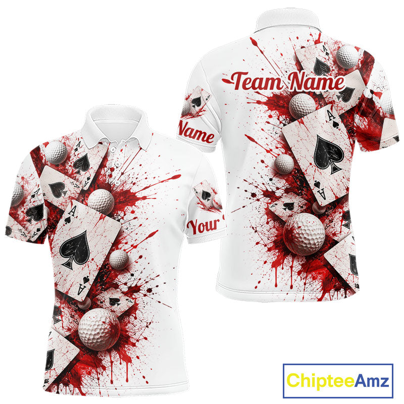 White & Red Poker Golf Polo Shirt Custom Name Splatter Poker Golf Top For Team, Golfer Gifts