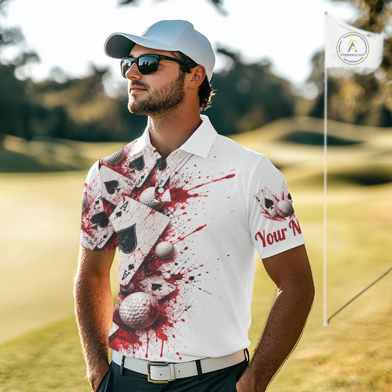 White & Red Poker Golf Polo Shirt Custom Name Splatter Poker Golf Top For Team, Golfer Gifts