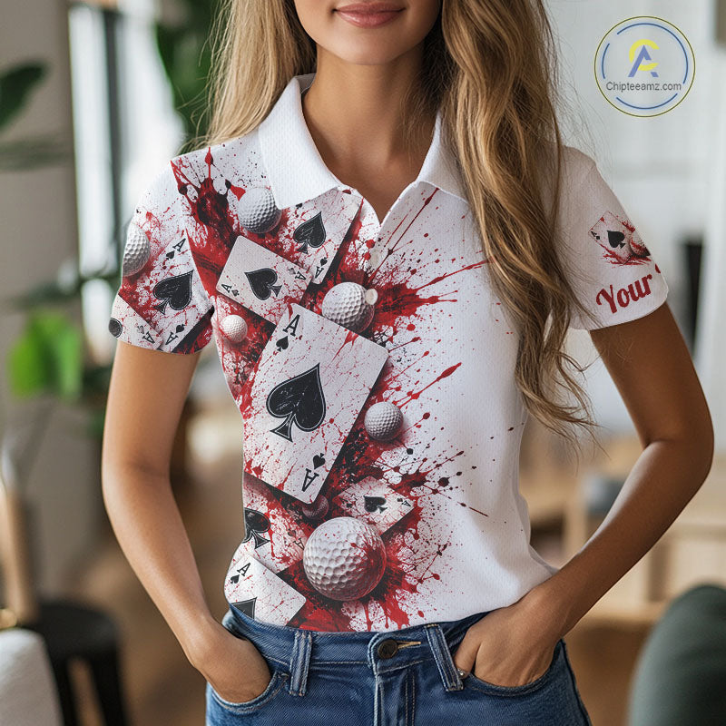 White & Red Poker Golf Polo Shirt Custom Name Splatter Poker Golf Top For Team, Golfer Gifts
