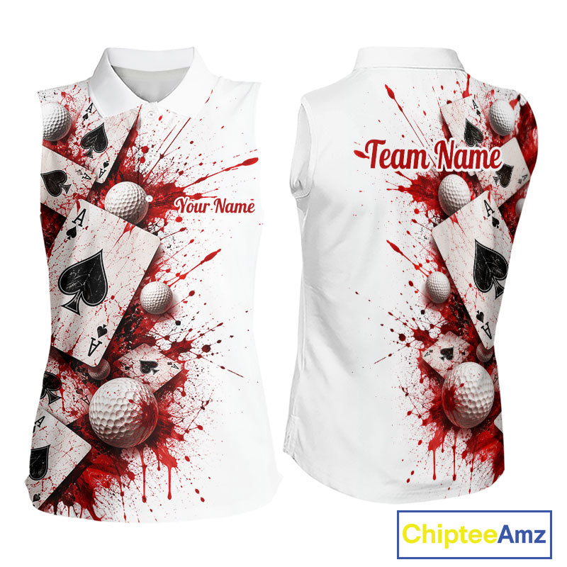 White & Red Poker Golf Sleeveless Polo Shirt Custom Name Splatter Poker Golf Top For Team, Golfer Gifts