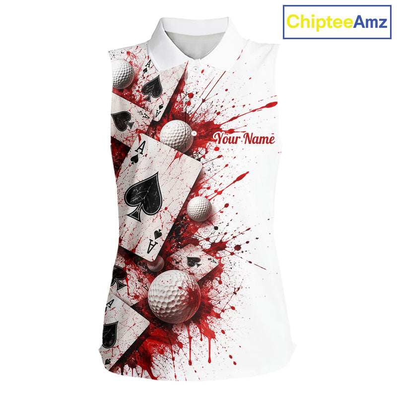 White & Red Poker Golf Sleeveless Polo Shirt Custom Name Splatter Poker Golf Top For Team, Golfer Gifts