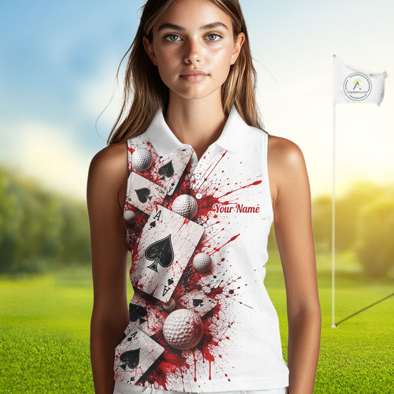 White & Red Poker Golf Sleeveless Polo Shirt Custom Name Splatter Poker Golf Top For Team, Golfer Gifts