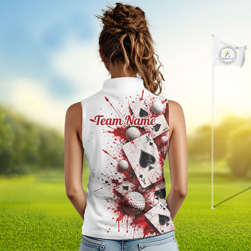 White & Red Poker Golf Sleeveless Polo Shirt Custom Name Splatter Poker Golf Top For Team, Golfer Gifts