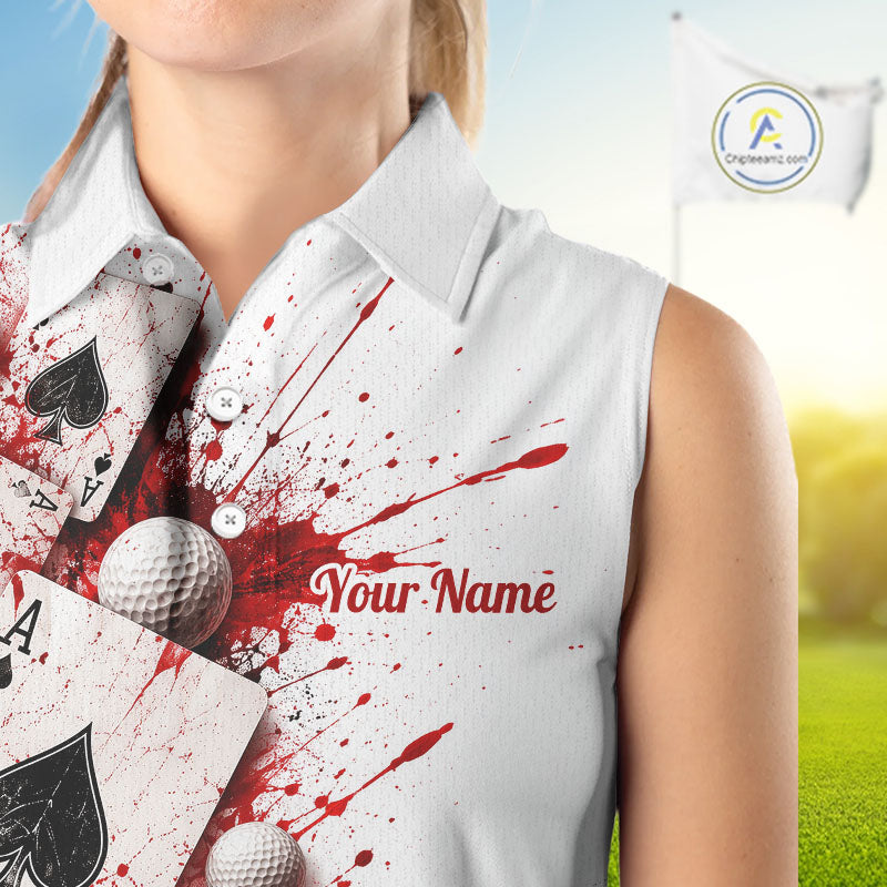 White & Red Poker Golf Sleeveless Polo Shirt Custom Name Splatter Poker Golf Top For Team, Golfer Gifts