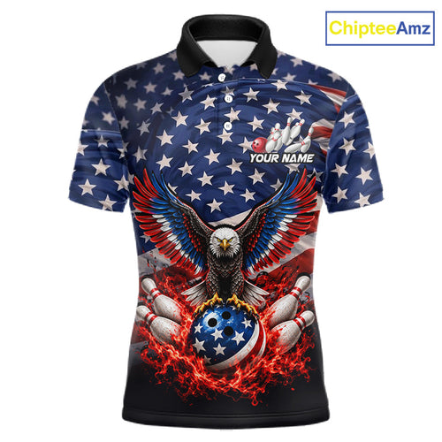 Personalized US Flag Eagle Bowling Polo 1/4-Zip Shirt Custom Name Patriotic Bowling Team Jersey