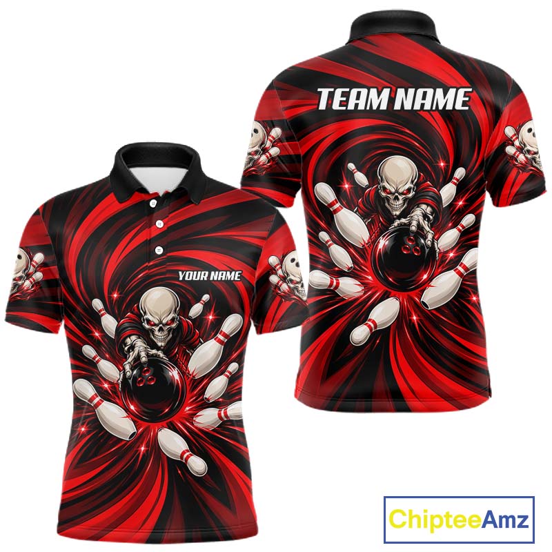 Custom Red Swirl Skull Bowling Polo 1/4-Zip Shirt Skeleton Bowling Team Jerseys