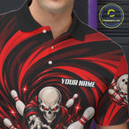 Custom Red Swirl Skull Bowling Polo 1/4-Zip Shirt Skeleton Bowling Team Jerseys