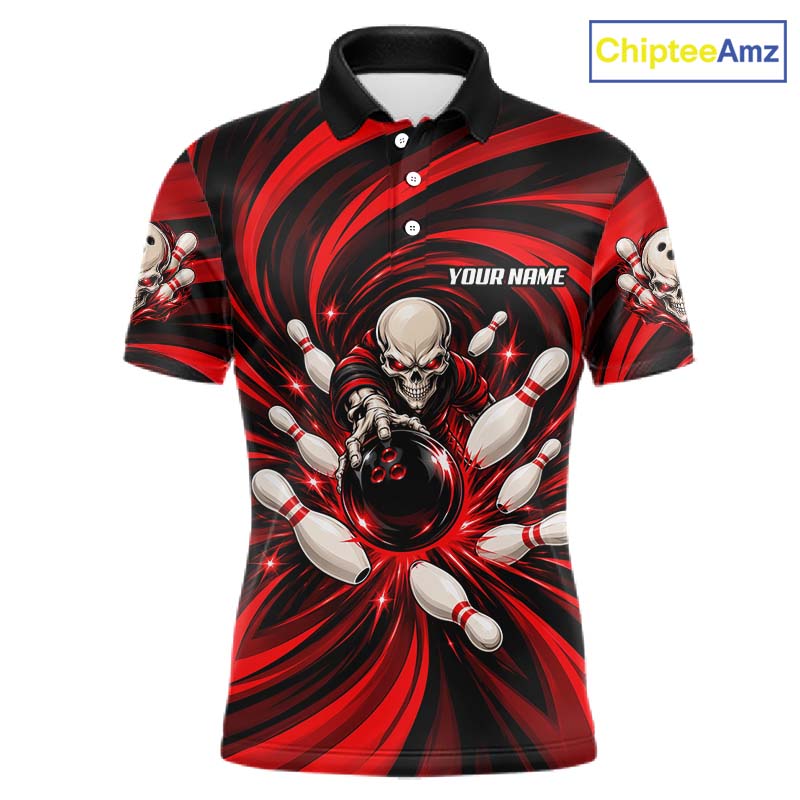 Custom Red Swirl Skull Bowling Polo 1/4-Zip Shirt Skeleton Bowling Team Jerseys