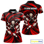 Custom Red Swirl Skull Bowling Polo 1/4-Zip Shirt Skeleton Bowling Team Jerseys
