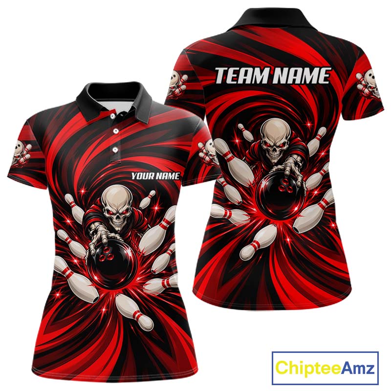 Custom Red Swirl Skull Bowling Polo 1/4-Zip Shirt Skeleton Bowling Team Jerseys