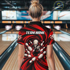 Custom Red Swirl Skull Bowling Polo 1/4-Zip Shirt Skeleton Bowling Team Jerseys