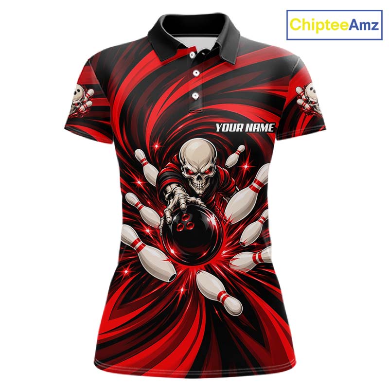 Custom Red Swirl Skull Bowling Polo 1/4-Zip Shirt Skeleton Bowling Team Jerseys