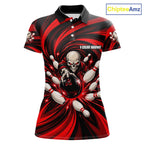 Custom Red Swirl Skull Bowling Polo 1/4-Zip Shirt Skeleton Bowling Team Jerseys