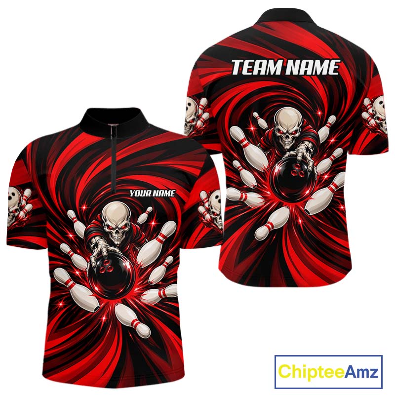 Custom Red Swirl Skull Bowling Polo 1/4-Zip Shirt Skeleton Bowling Team Jerseys