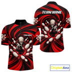 Custom Red Swirl Skull Bowling Polo 1/4-Zip Shirt Skeleton Bowling Team Jerseys