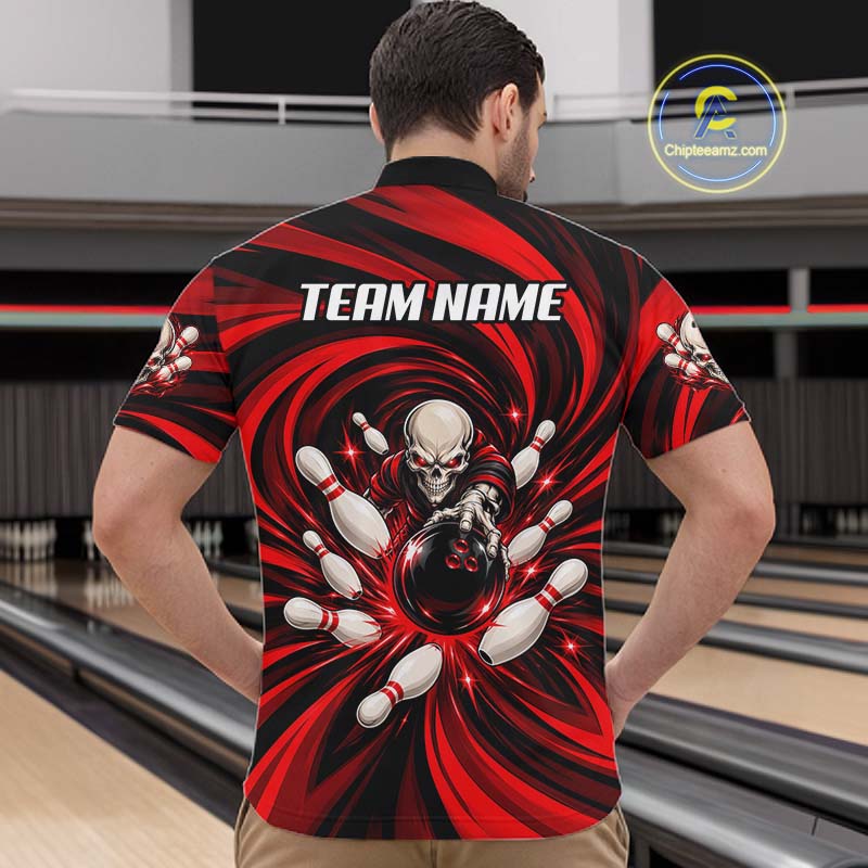Custom Red Swirl Skull Bowling Polo 1/4-Zip Shirt Skeleton Bowling Team Jerseys