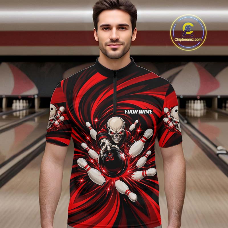 Custom Red Swirl Skull Bowling Polo 1/4-Zip Shirt Skeleton Bowling Team Jerseys
