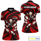 Custom Red Swirl Skull Bowling Polo 1/4-Zip Shirt Skeleton Bowling Team Jerseys