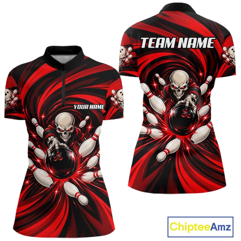 Custom Red Swirl Skull Bowling Polo 1/4-Zip Shirt Skeleton Bowling Team Jerseys