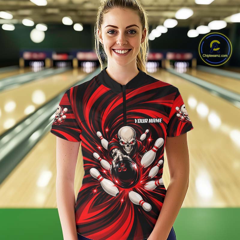 Custom Red Swirl Skull Bowling Polo 1/4-Zip Shirt Skeleton Bowling Team Jerseys
