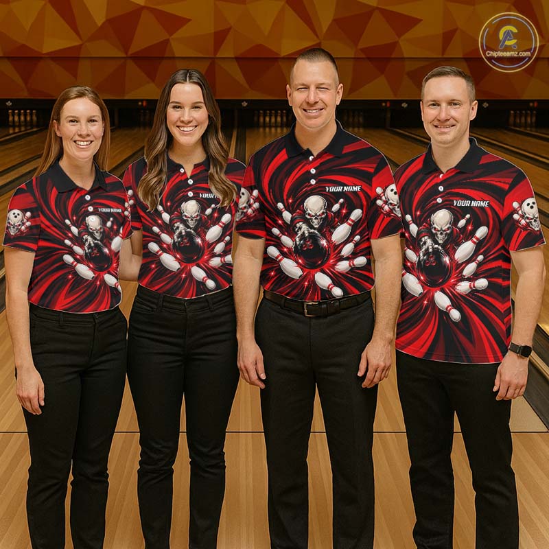 Custom Red Swirl Skull Bowling Polo 1/4-Zip Shirt Skeleton Bowling Team Jerseys
