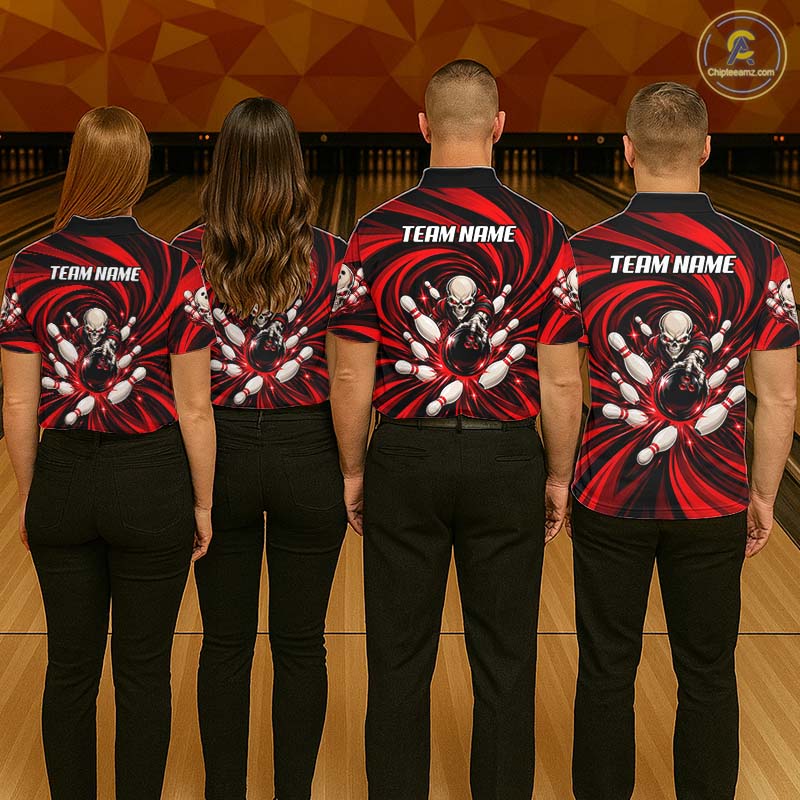 Custom Red Swirl Skull Bowling Polo 1/4-Zip Shirt Skeleton Bowling Team Jerseys