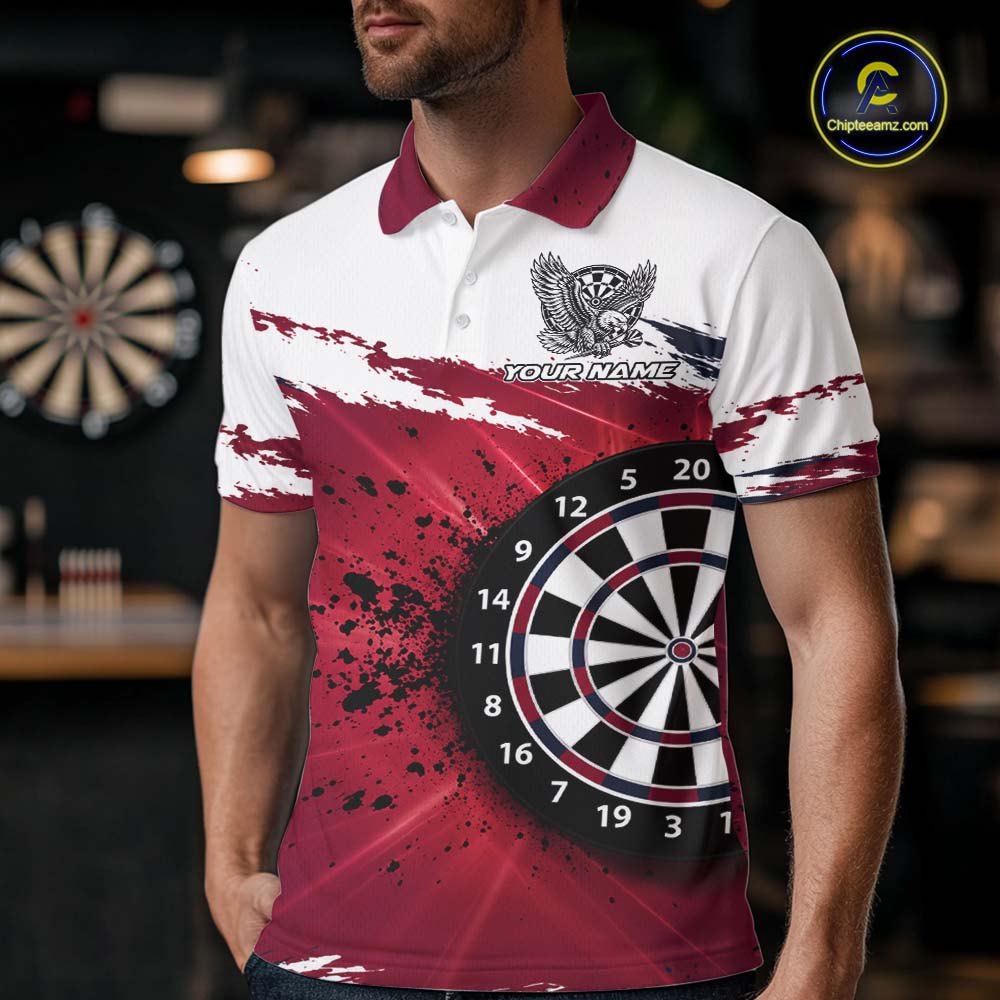 White Maroon Splatter Darts Shirt Eagle Darts Polo 1/4 Zip Custom Darts Jersey Darts Team Gift