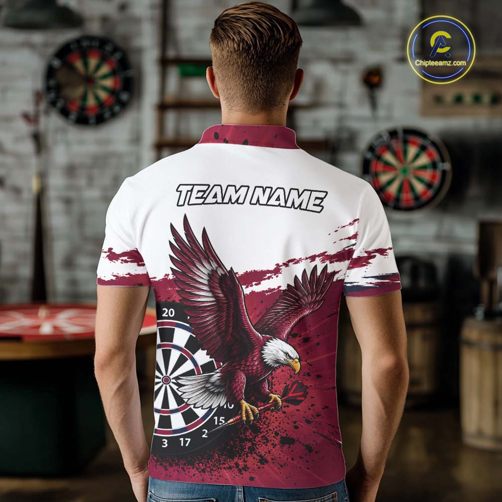 White Maroon Splatter Darts Shirt Eagle Darts Polo 1/4 Zip Custom Darts Jersey Darts Team Gift
