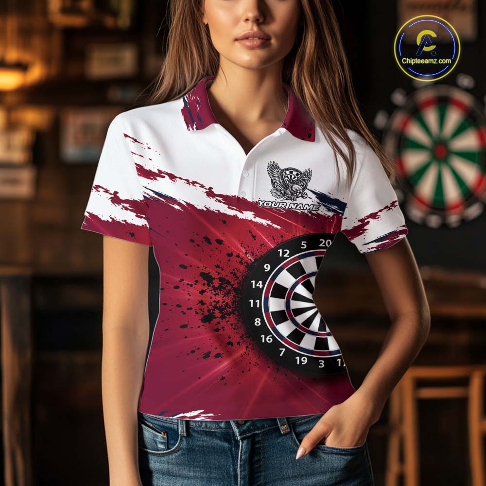 White Maroon Splatter Darts Shirt Eagle Darts Polo 1/4 Zip Custom Darts Jersey Darts Team Gift