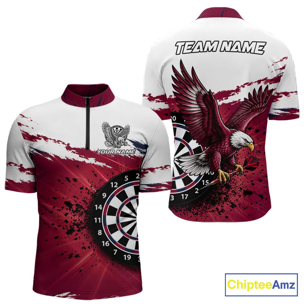 White Maroon Splatter Darts Shirt Eagle Darts Polo 1/4 Zip Custom Darts Jersey Darts Team Gift