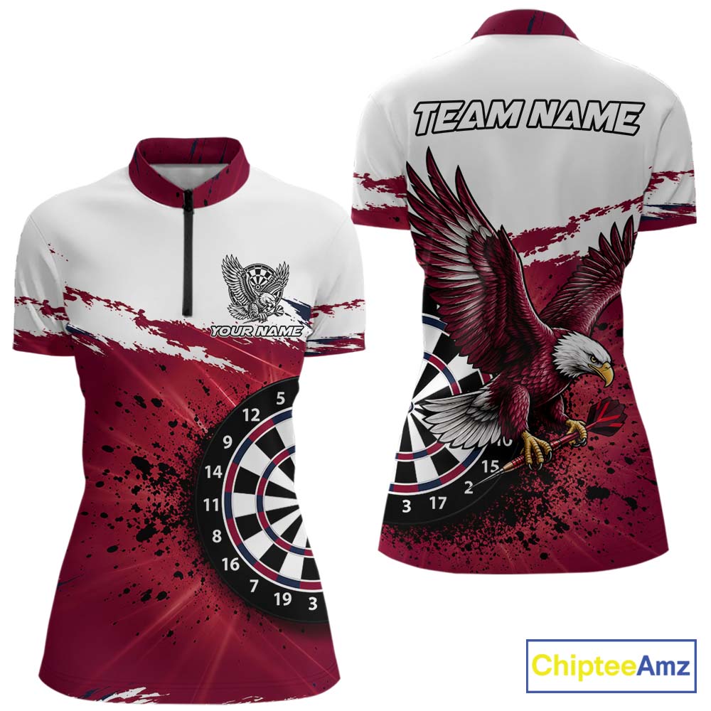 White Maroon Splatter Darts Shirt Eagle Darts Polo 1/4 Zip Custom Darts Jersey Darts Team Gift