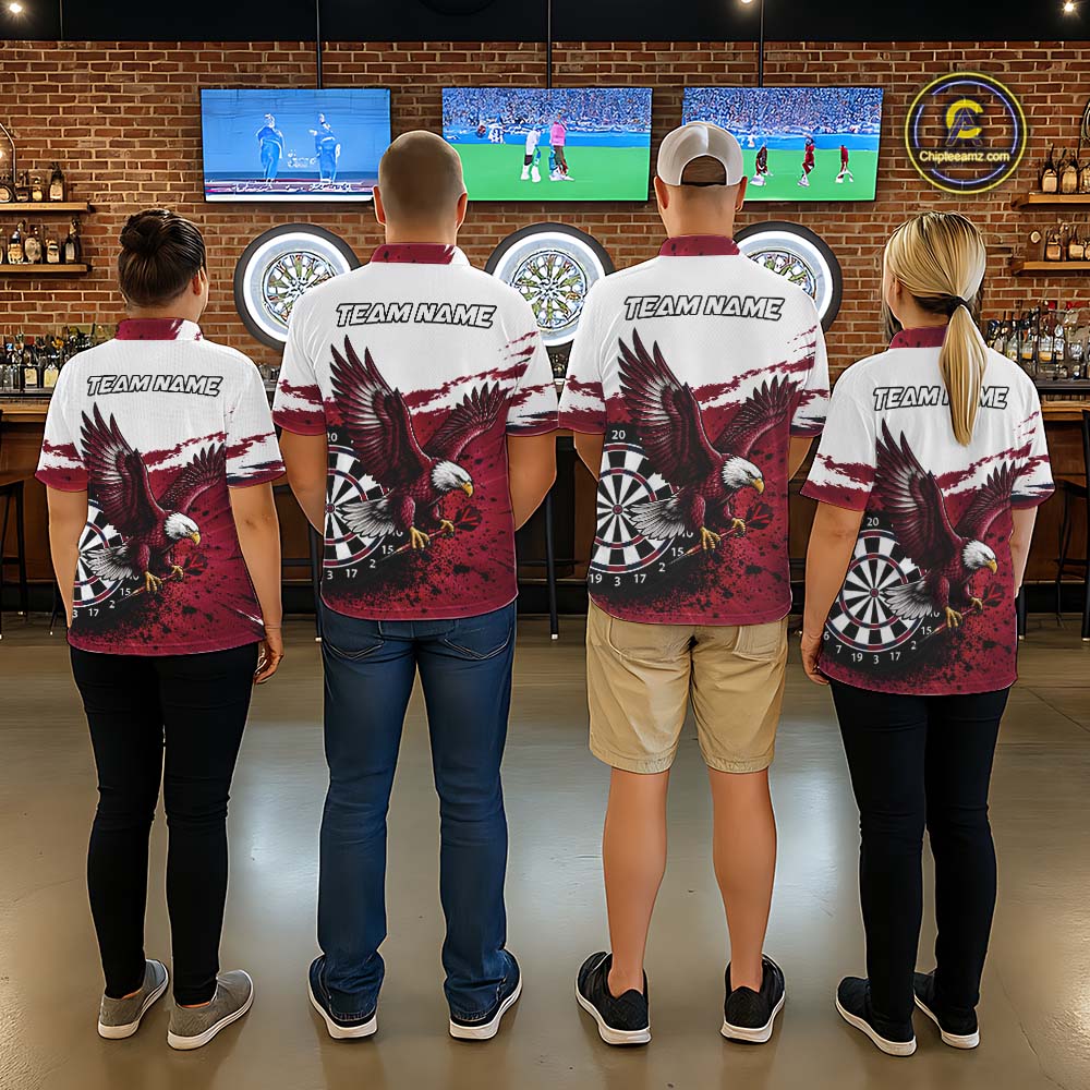 White Maroon Splatter Darts Shirt Eagle Darts Polo 1/4 Zip Custom Darts Jersey Darts Team Gift
