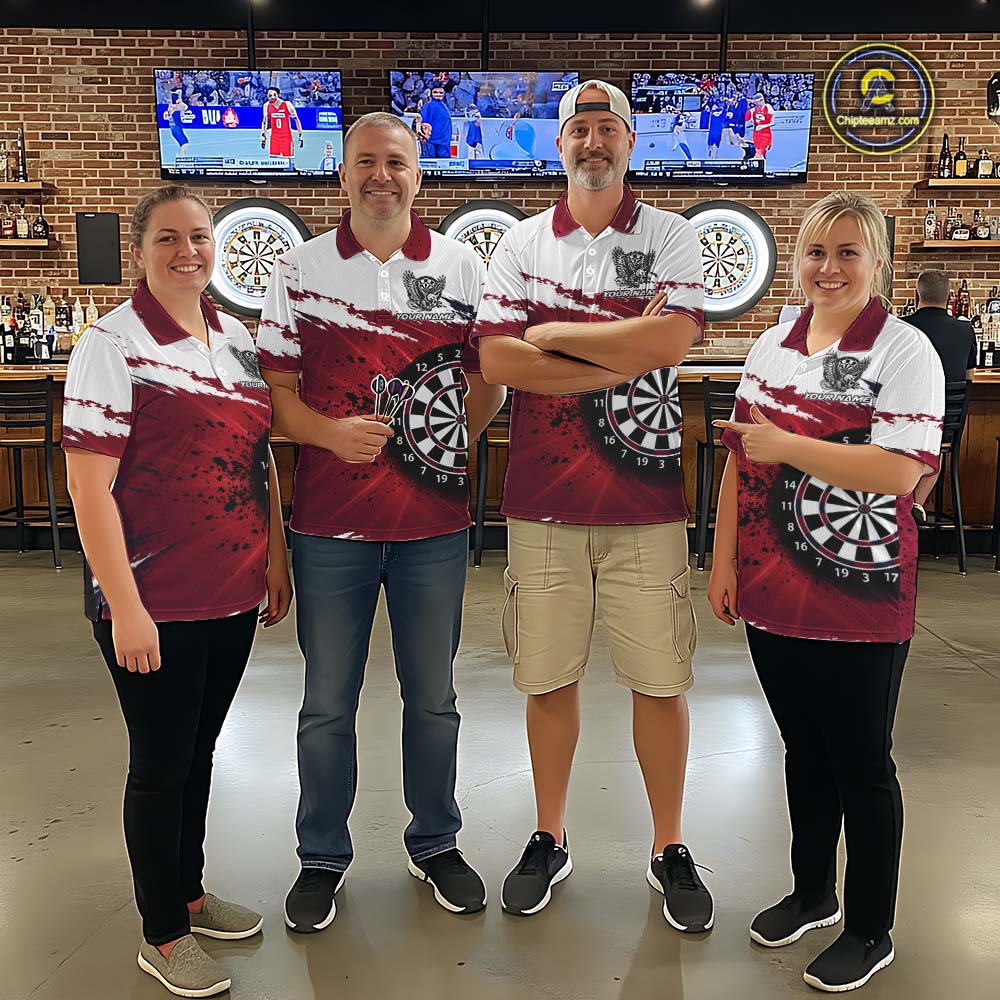 White Maroon Splatter Darts Shirt Eagle Darts Polo 1/4 Zip Custom Darts Jersey Darts Team Gift