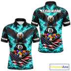 Teal Fire Flame Eagle US Flag Pool Ball 3D Billiard Shirt Personalized 8 Ball Billiard Attire