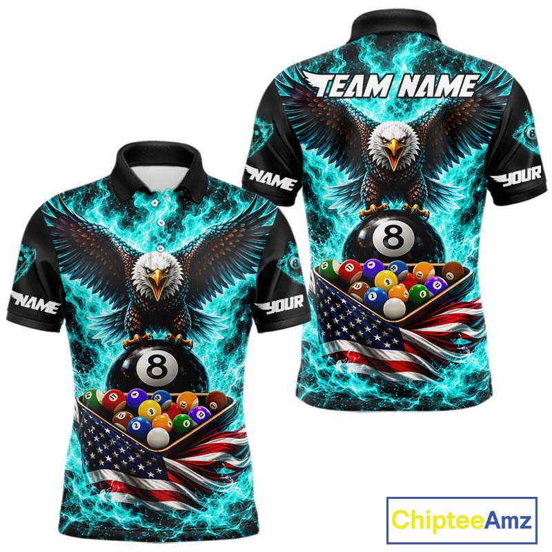 Teal Fire Flame Eagle US Flag Pool Ball 3D Billiard Shirt Personalized 8 Ball Billiard Attire