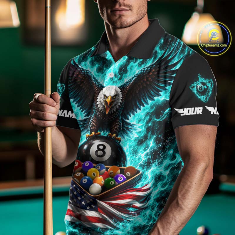 Teal Fire Flame Eagle US Flag Pool Ball 3D Billiard Shirt Personalized 8 Ball Billiard Attire
