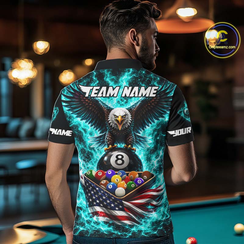 Teal Fire Flame Eagle US Flag Pool Ball 3D Billiard Shirt Personalized 8 Ball Billiard Attire