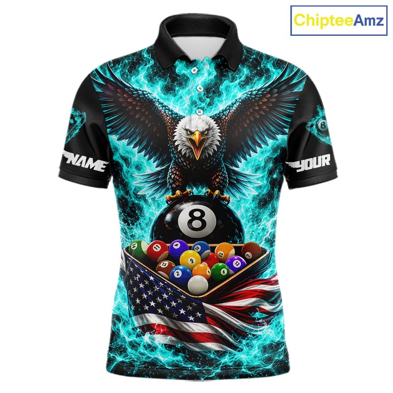 Teal Fire Flame Eagle US Flag Pool Ball 3D Billiard Shirt Personalized 8 Ball Billiard Attire