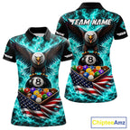 Teal Fire Flame Eagle US Flag Pool Ball 3D Billiard Shirt Personalized 8 Ball Billiard Attire